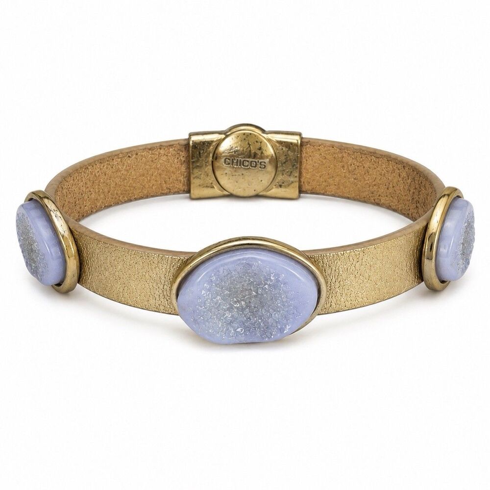 Chico's Gold Leather Druzy Bracelet Lavender Blue Statement Jewelry Coastal Boho - Picture 2 of 5